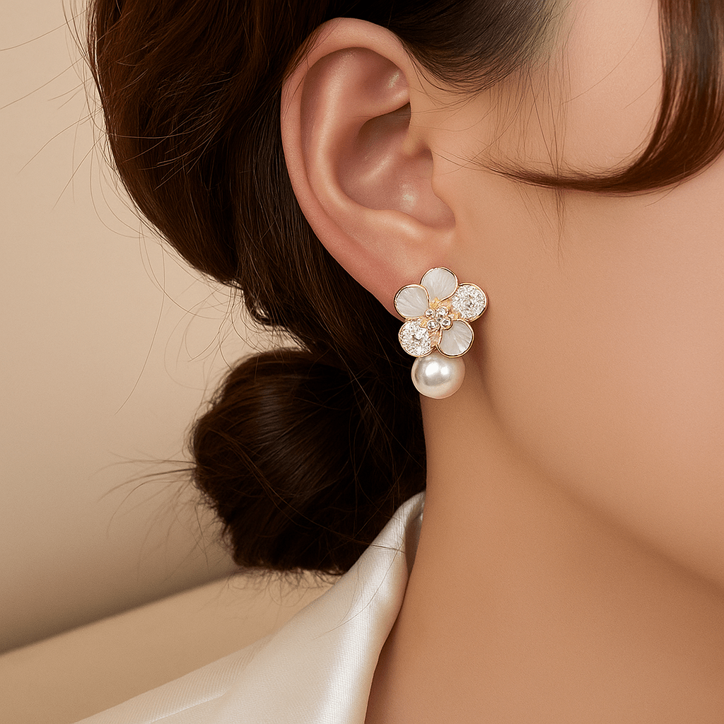 Camellia Flower Pearl Earrings - Zafinne Jewelry