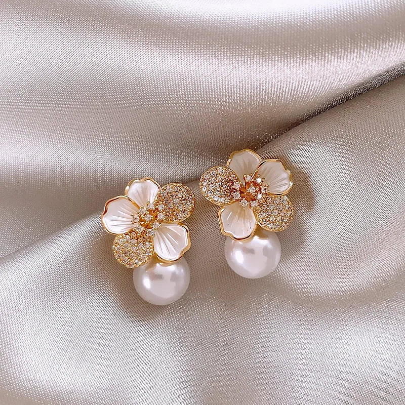 Camellia Flower Pearl Earrings - Zafinne Jewelry