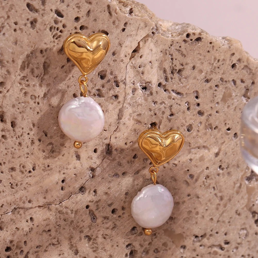 Heart Round Freshwater Pearl Drop Earrings - Zafinne Jewelry