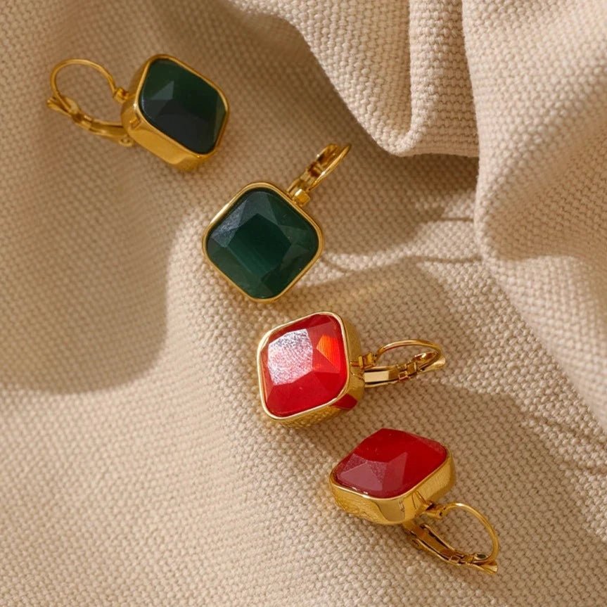 Square Opal Stone Hook Earrings - Zafinne Jewelry