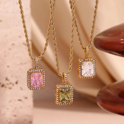 Rope Chain Square Stone Pendant Necklace - Zafinne Jewelry