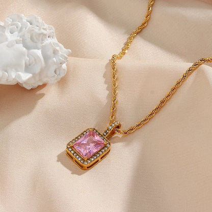 Rope Chain Square Stone Pendant Necklace - Zafinne Jewelry